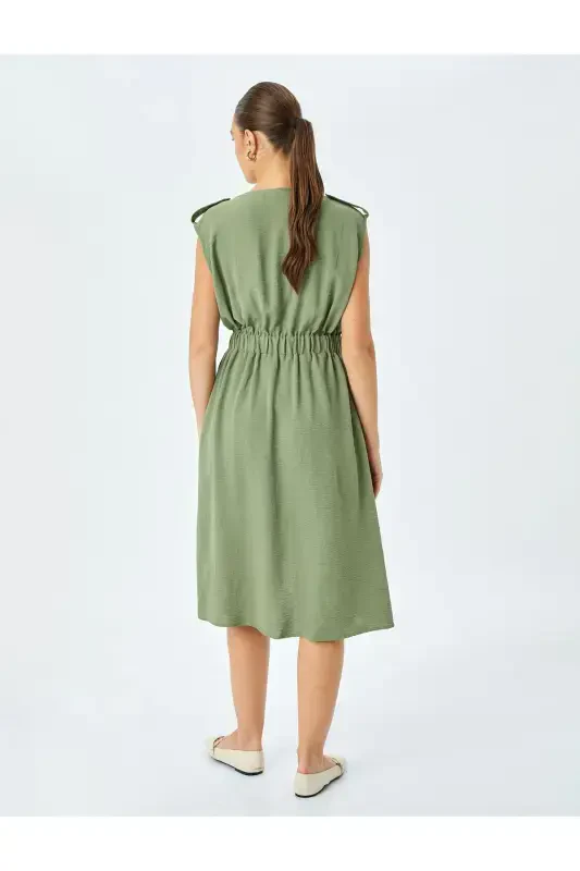 Beli Lastikli Kemer Detaylı Cepli Kolsuz Midi Boy Elbise - 4