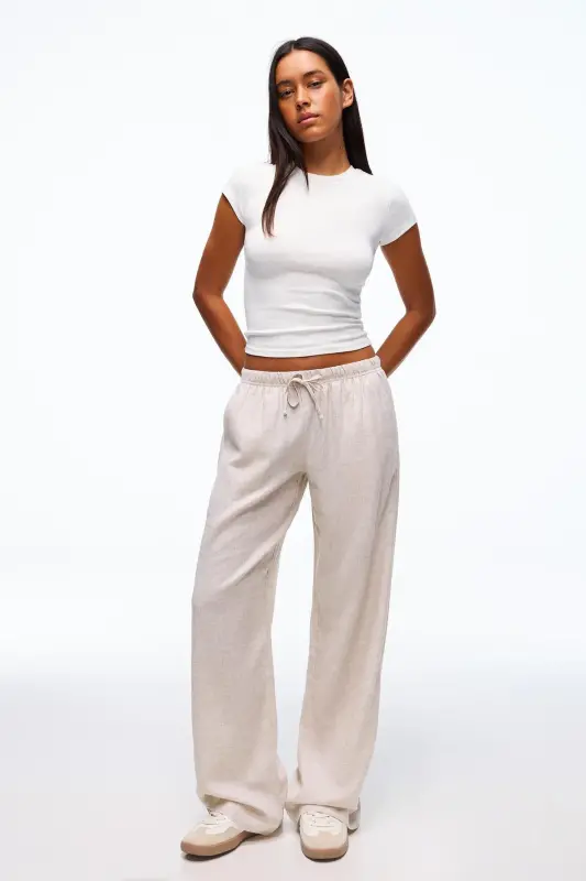 Beli lastikli keten görünümlü pantolon-Kum rengi - 1