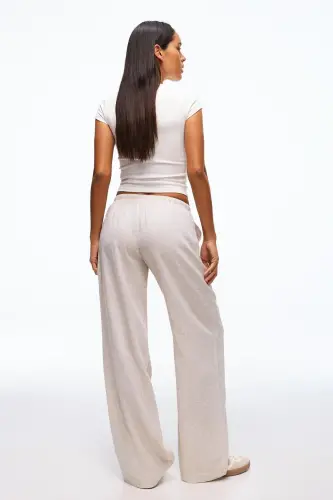 Beli lastikli keten görünümlü pantolon-Kum rengi - 2