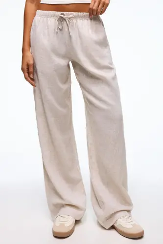 Beli lastikli keten görünümlü pantolon-Kum rengi - 3