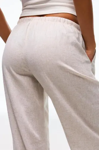 Beli lastikli keten görünümlü pantolon-Kum rengi - 4