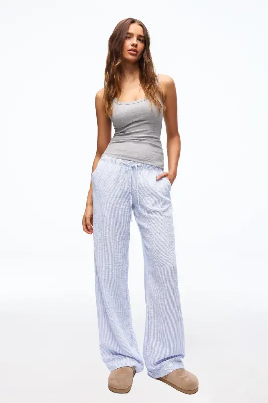 Beli lastikli keten görünümlü pantolon-mavi - BERSHKA