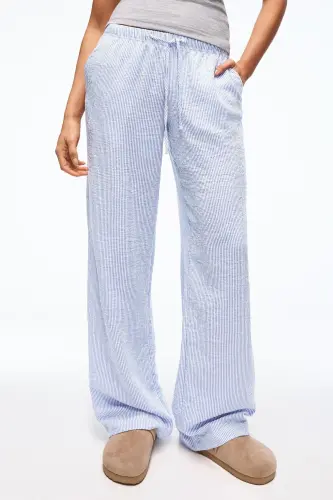 Beli lastikli keten görünümlü pantolon-mavi - 3