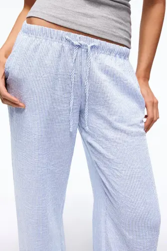 Beli lastikli keten görünümlü pantolon-mavi - 4