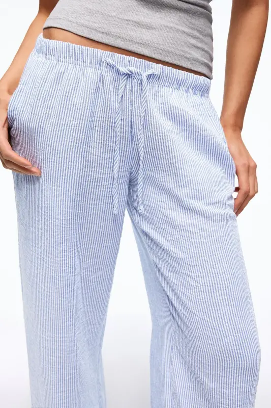 Beli lastikli keten görünümlü pantolon-mavi - 4