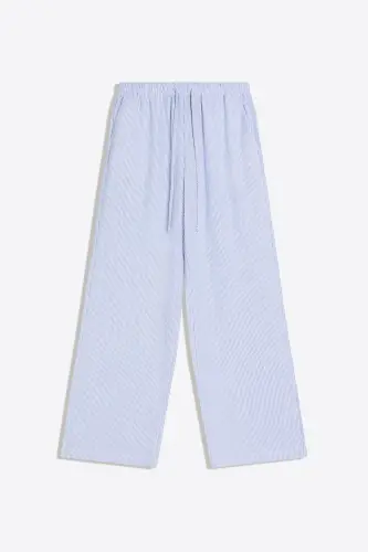 Beli lastikli keten görünümlü pantolon-mavi - 5