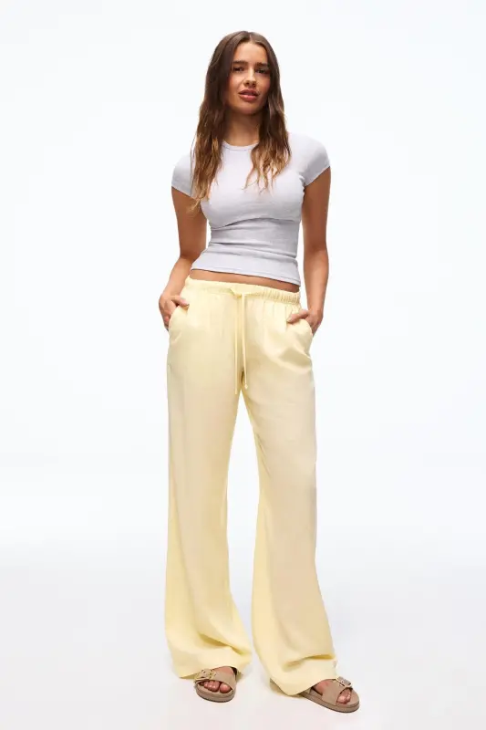 Beli lastikli keten görünümlü pantolon - Sarı - 3