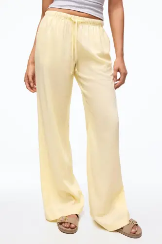 Beli lastikli keten görünümlü pantolon-Sarı - 3