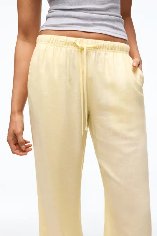 Beli lastikli keten görünümlü pantolon-Sarı - 4