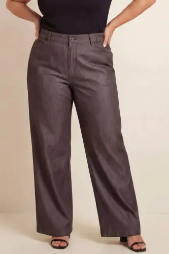 Beli Lastikli Kot Görünümlü Kadın Büyük Beden Kumaş Pantolon Kahve - 1