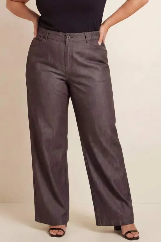 Beli Lastikli Kot Görünümlü Kadın Büyük Beden Kumaş Pantolon Kahve - 1