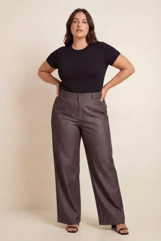 Beli Lastikli Kot Görünümlü Kadın Büyük Beden Kumaş Pantolon Kahve - 3