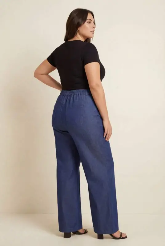 Beli Lastikli Kot Görünümlü Kadın Büyük Beden Kumaş Pantolon Mavi - 3