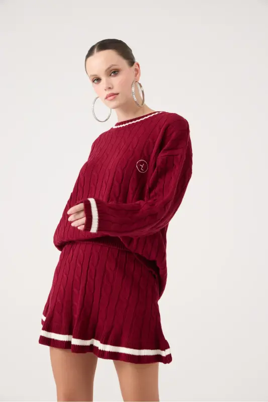 Beli Lastikli Örgü Desenli Mini Triko Harold Etek Bordo - Bordo - 3