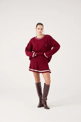 Beli Lastikli Örgü Desenli Mini Triko Harold Etek Bordo - Bordo - 6