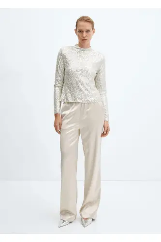 Beli lastikli saten pantolon-Bej - 2