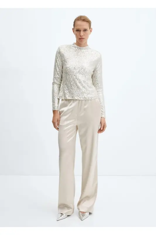 Beli lastikli saten pantolon-Bej - 2