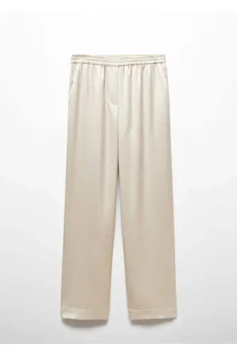 Beli lastikli saten pantolon-Bej - 3