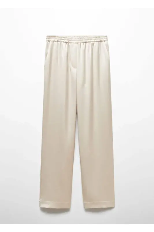 Beli lastikli saten pantolon-Bej - 3