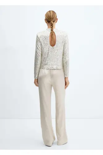 Beli lastikli saten pantolon-Bej - 4