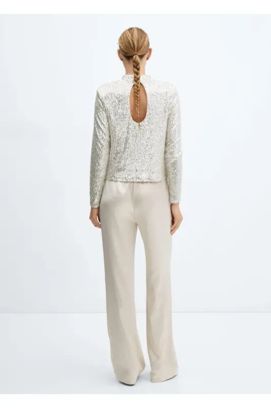 Beli lastikli saten pantolon-Bej - 4