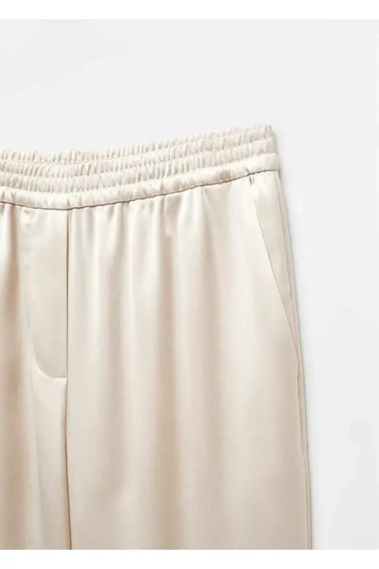 Beli lastikli saten pantolon-Bej - 5