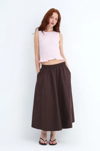 Beli Lastikli Uzun Etek E13751-L3 - Acı Kahve 