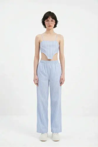 Beli rezinkali chiziqli Harmony poplin shim Moviy - 4