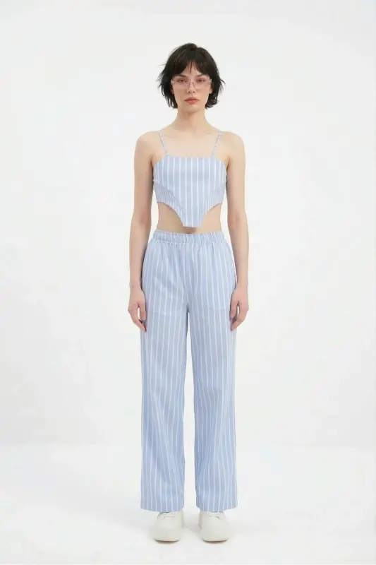 Beli rezinkali chiziqli Harmony poplin shim Moviy - 4