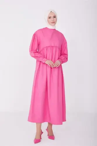 Beli va qo'li jibli paxta ko'ylak 23y9651 Shirin pushti-PUSHTI - 1