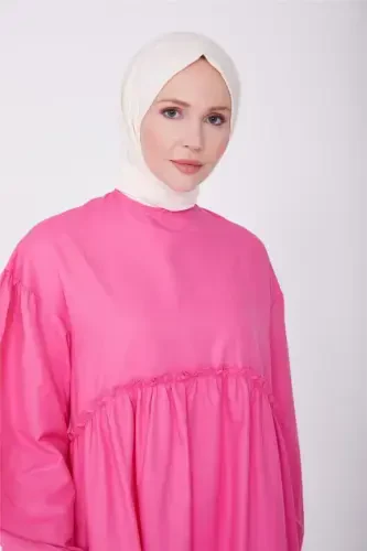 Beli va qo'li jibli paxta ko'ylak 23y9651 Shirin pushti-PUSHTI - 3