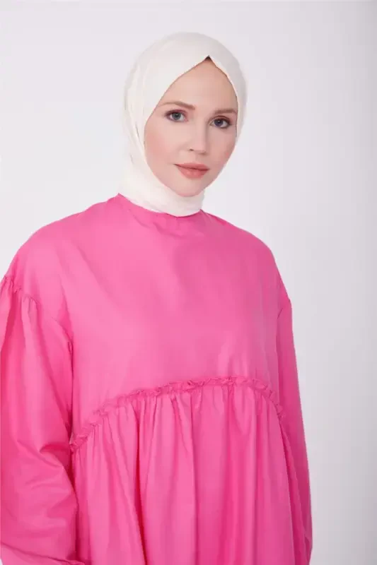 Beli va qo'li jibli paxta ko'ylak 23y9651 Shirin pushti-PUSHTI - 3