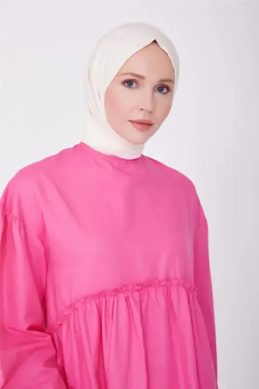 Beli va qo'li jibli paxta ko'ylak 23y9651 Shirin pushti-PUSHTI - 4