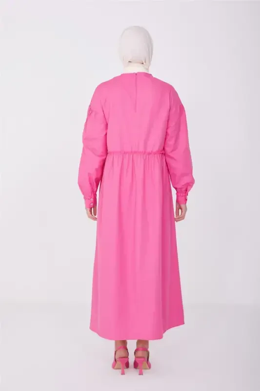 Beli va qo'li jibli paxta ko'ylak 23y9651 Shirin pushti-PUSHTI - 5