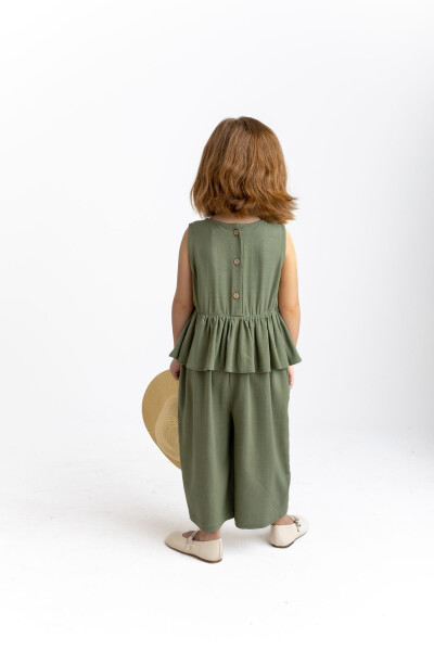Beli Volanlı Sırtı Düğmeli Kolsuz Keten Kız Çocuk Tulum Haki-Haki - 4