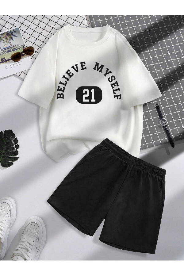 Believe 21 T-Shirt Shorts Set - White Black Printed Oversize Crew Neck - 1