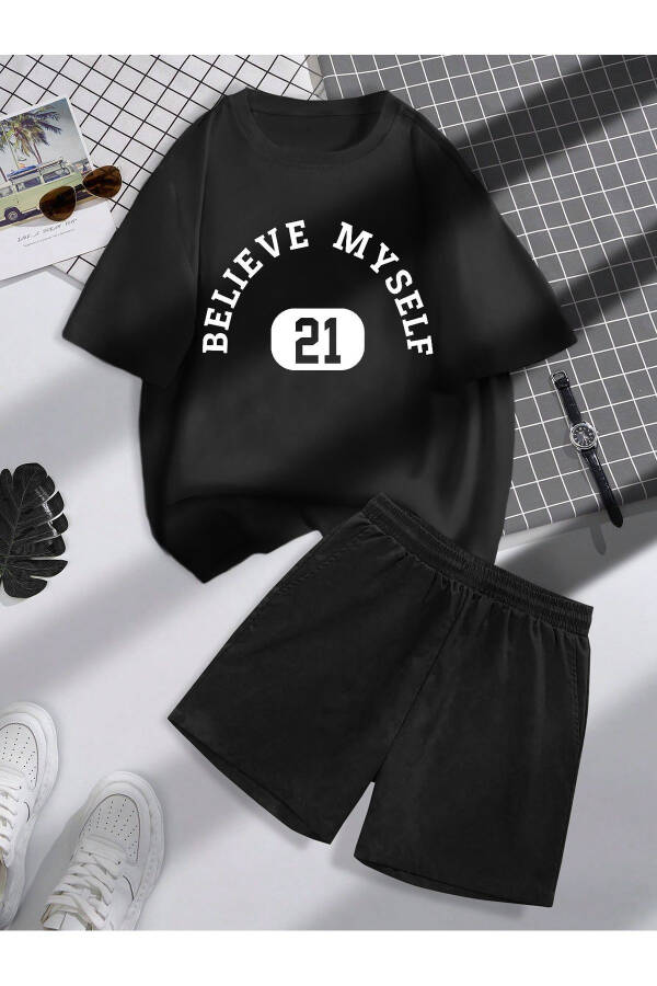 Believe 21 T-Shirt Şort Kombin Takım - Siyah Baskılı Oversize Bisiklet Yaka - 1