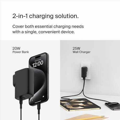 Belkin BoostCharge Hybrid Wall Charger 25W + Power Bank 5K, 2-in-1 Portable Charger, Portable Battery Charger w/USB-C Port & USB-A Port - Travel-Friendly, Dual-Port Charging Device - Black - 2