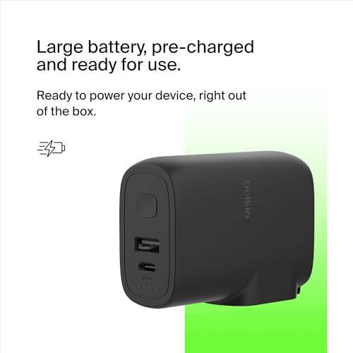 Belkin BoostCharge Hybrid Wall Charger 25W + Power Bank 5K, 2-in-1 Portable Charger, Portable Battery Charger w/USB-C Port & USB-A Port - Travel-Friendly, Dual-Port Charging Device - Black - 4