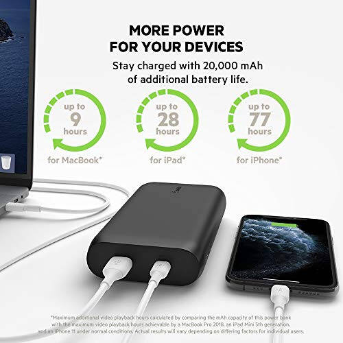 Belkin BoostCharge USB-C PD 20 000 mAh Power Bank, Ko'chma iPhone zaryadlovchi qurilmasi, Apple iPhone, iPad Pro, Samsung Galaxy va boshqa qurilmalar uchun batareya zaryadlovchi qurilmasi, USB-C kabeli bilan - Qora - 2