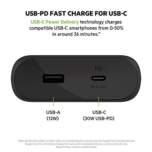 Belkin BoostCharge USB-C PD 20 000 mAh Power Bank, Ko'chma iPhone zaryadlovchi qurilmasi, Apple iPhone, iPad Pro, Samsung Galaxy va boshqa qurilmalar uchun batareya zaryadlovchi qurilmasi, USB-C kabeli bilan - Qora - 3