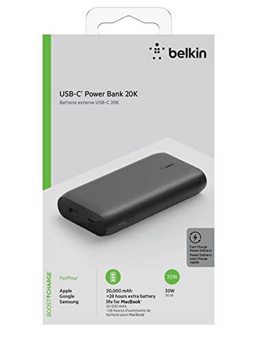 Belkin BoostCharge USB-C PD 20 000 mAh Power Bank, Ko'chma iPhone zaryadlovchi qurilmasi, Apple iPhone, iPad Pro, Samsung Galaxy va boshqa qurilmalar uchun batareya zaryadlovchi qurilmasi, USB-C kabeli bilan - Qora - 6