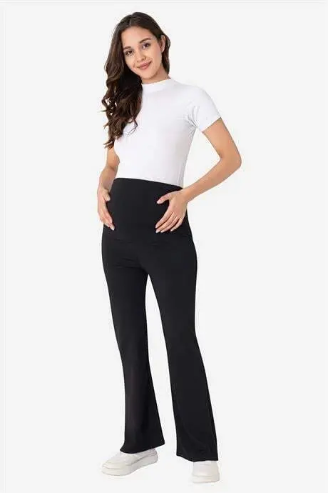 Bell Bottom High Waist Flexible Shaping Maternity Leggings Black - 1