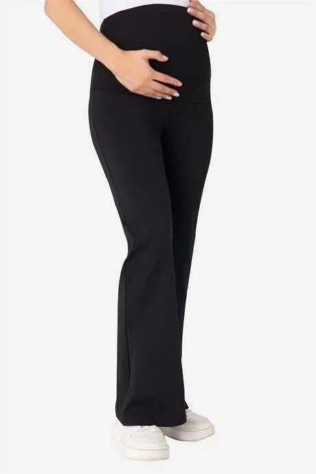 Bell Bottom High Waist Flexible Shaping Maternity Leggings Black - 2