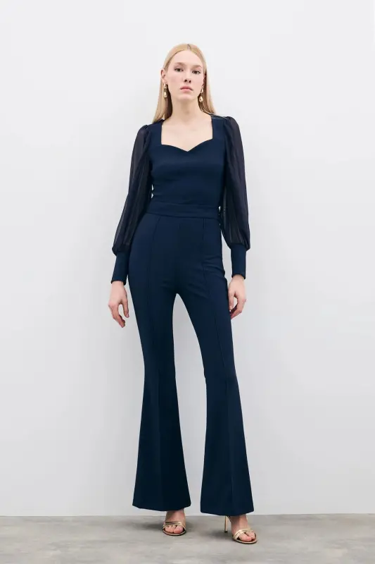 Bell-Bottom Pants - Navy Blue-NAVY BLUE - SATEEN