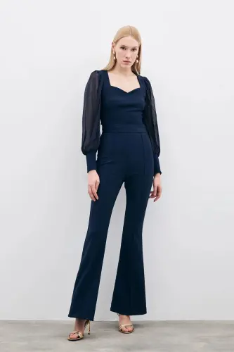 Bell-Bottom Pants - Navy Blue-NAVY BLUE - SATEEN (1)