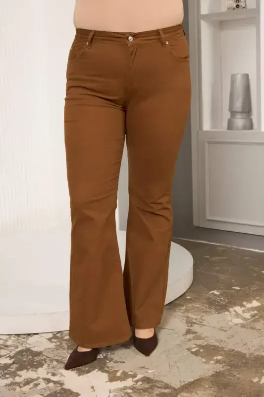 Bell Bottom Plus Size Cotton Pants Camel - BÜYÜKBEDENIZ