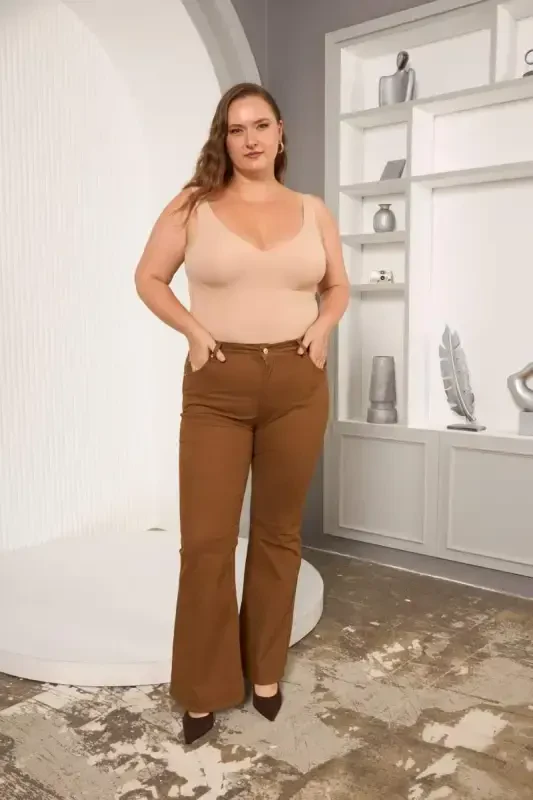Bell Bottom Plus Size Cotton Pants Camel - 3