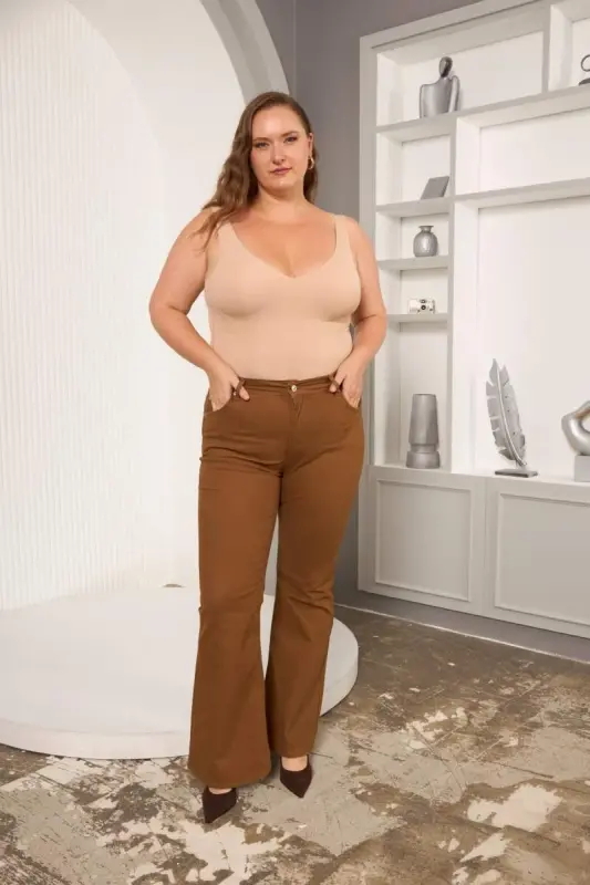 Bell Bottom Plus Size Cotton Pants Camel - 4