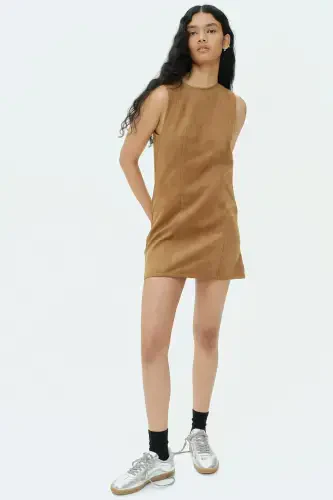 Bell-Bottomed Gabardine Dress-Brown - 1